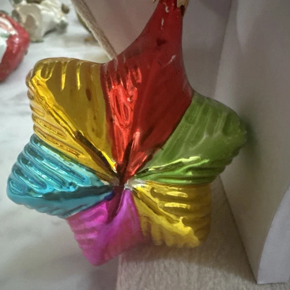 Pair Vintage Blown Glass Christmas Ornaments Six-Pointed Star Multi Color Ribbed